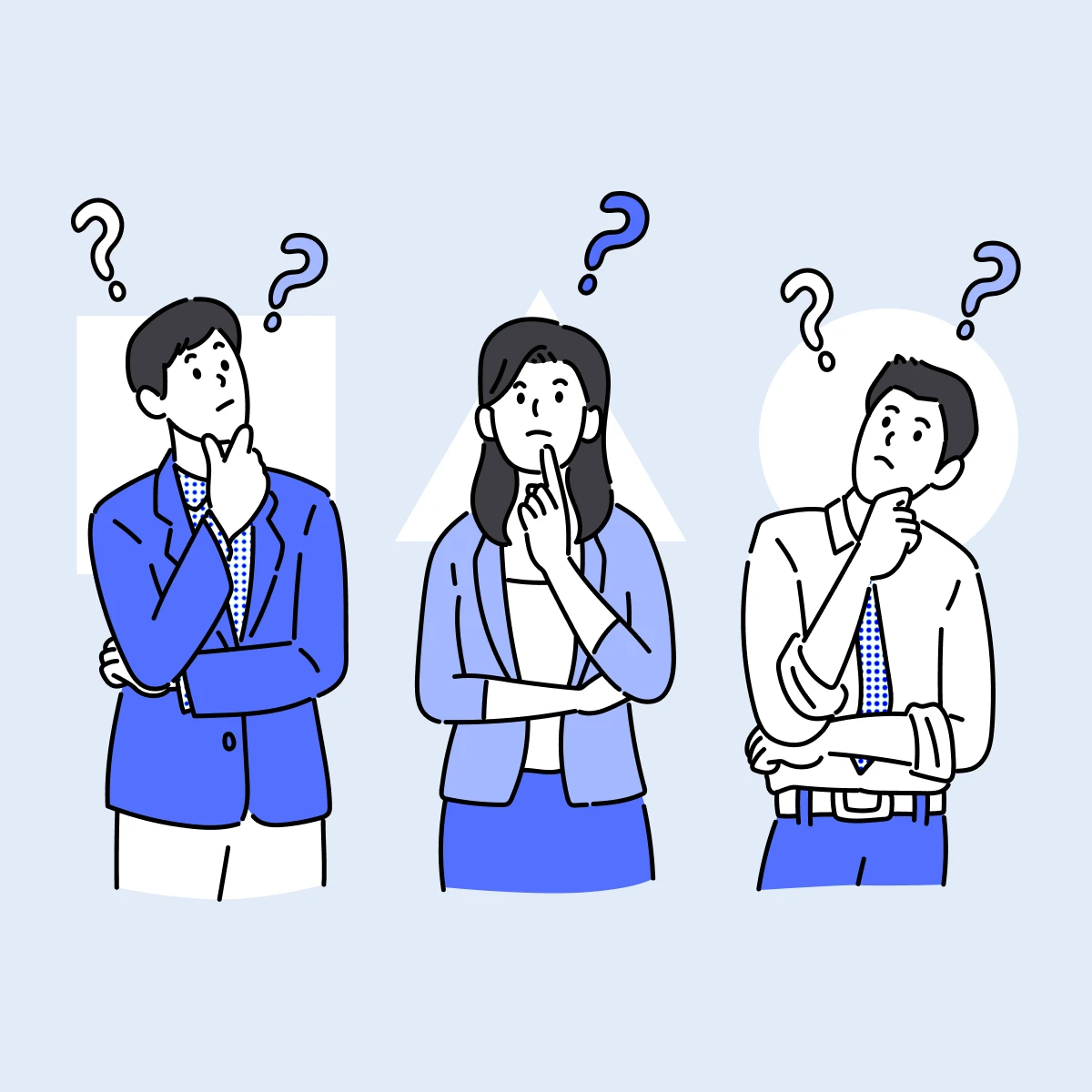 물음표를 띄우고 깊은 고민에 빠진 세 명의 인물 일러스트, 병원 광고 성과와 마케팅 방향성에 대해 고민하는 원장님의 심리를 표현한 이미지