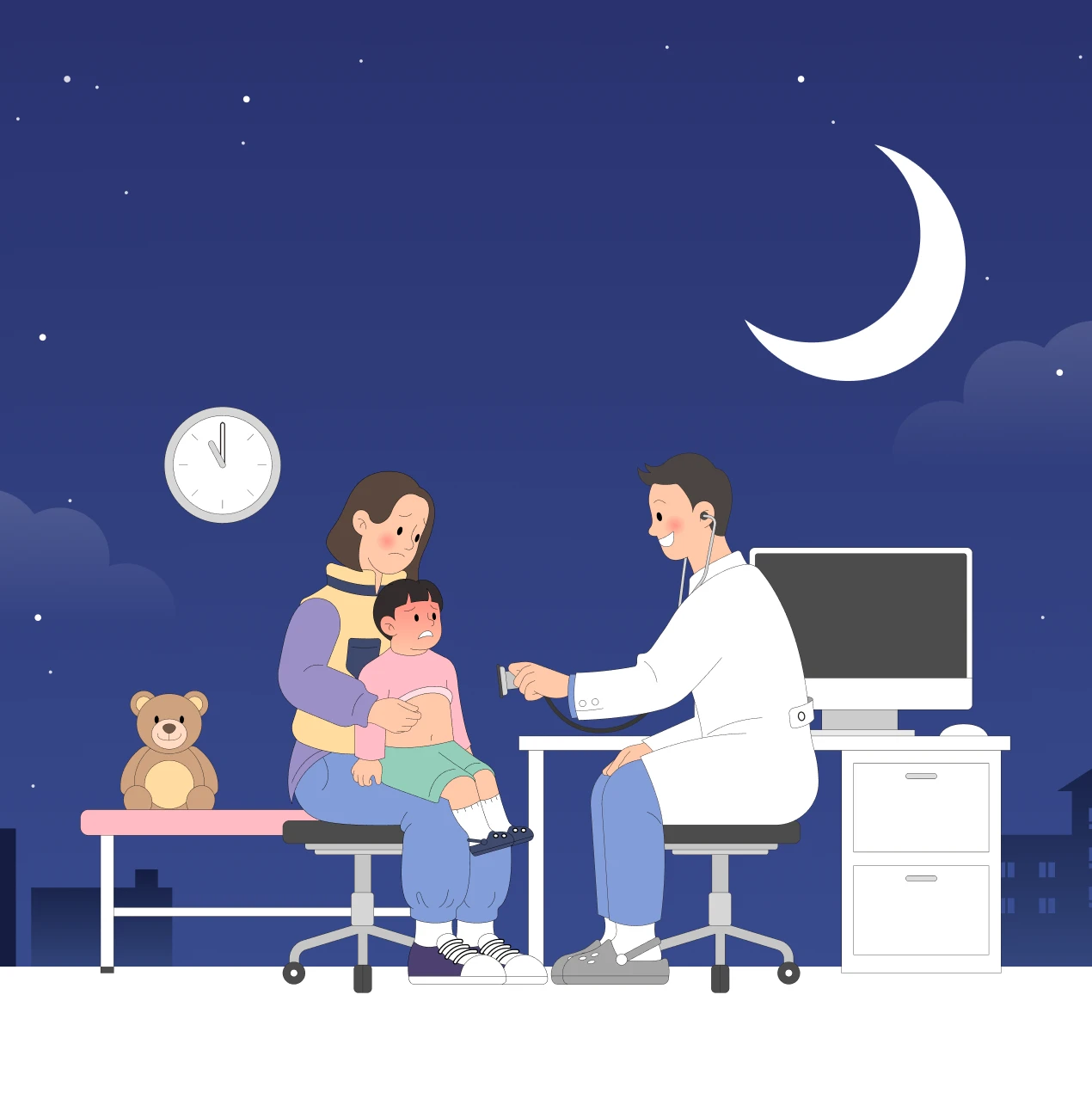 밤하늘 아래 달이 뜬 배경에서 의사가 어린이를 진료하고 보호자가 지켜보는 병원 야간 진료 일러스트